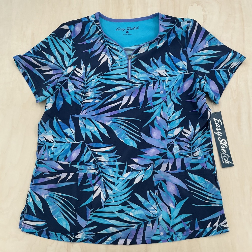 Easy Stretch Scrub Top Womens L Blue Tropical Palm Zip V-Neck Modern Healthcare